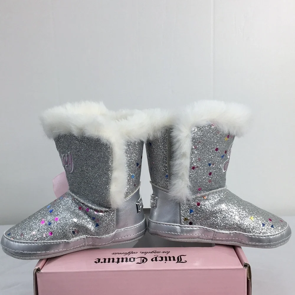 Juicy Couture Silver Glitter Sparkle Cerritos Boot Faux Fur Size 3m NEW In Box